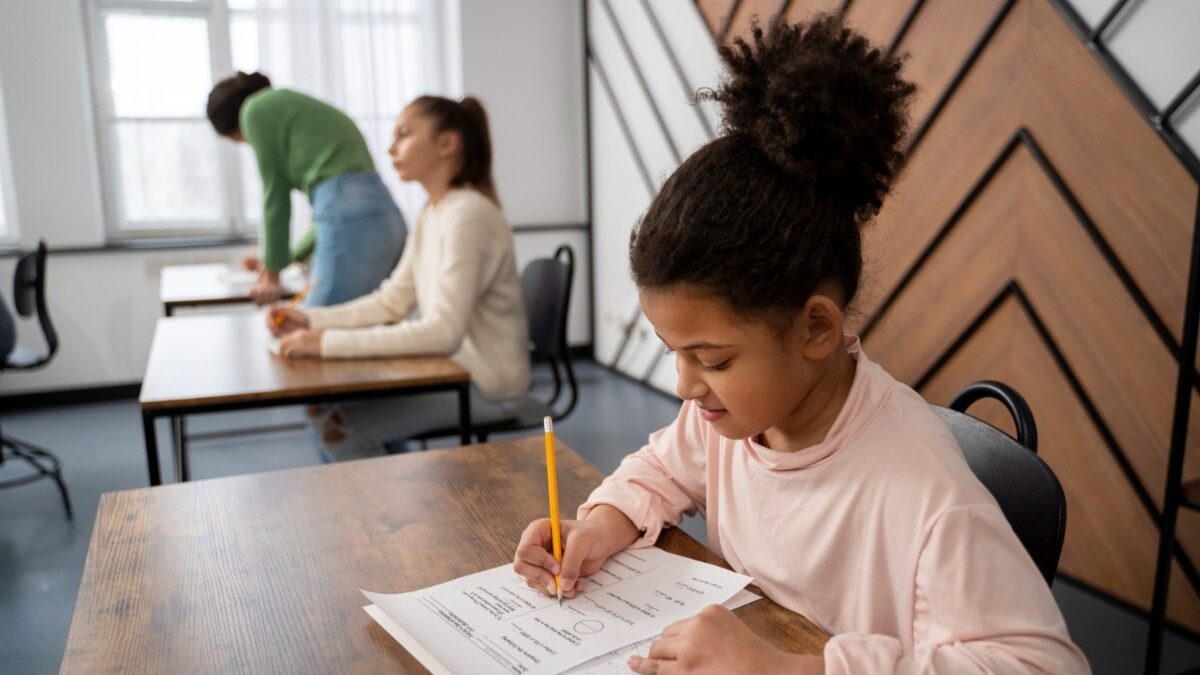 menina escrevendo em papel em ambiente escolar, autoavaliação escolar