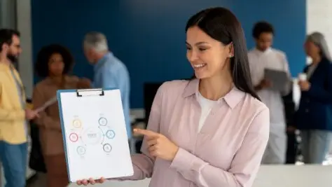 mulher em ambiente corporativo mostrando uma folha, teoria disc em processos seletivos